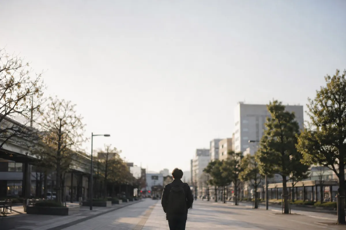 朝の街を、前を向いて歩き出す人の後ろ姿
